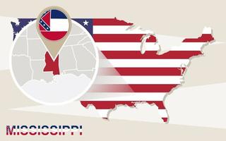 USA map with magnified Mississippi State. Mississippi flag and map. vector