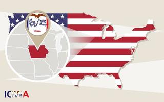 USA map with magnified Iowa State. Iowa flag and map. vector