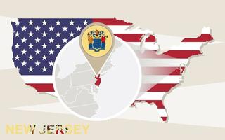 USA map with magnified New Jersey State. New Jersey flag and map. vector