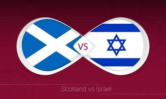 escocia vs israel en competencia de futbol, grupo f. versus icono en el fondo del fútbol. vector