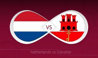 Netherlands vs Gibraltar in Football Competition, Group G. Versus icon on Football background. vector