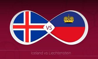 islandia vs liechtenstein en competición de fútbol, grupo j. versus icono en el fondo del fútbol. vector