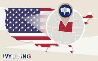 USA map with magnified Wyoming State. Wyoming flag and map. vector