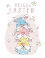 Hello Easter greeting, group of Three cute happy funny Gnome bunny ears pastel in Easer broken eggshell, elf cartoon drawing outline vector, happy holidays banner vector