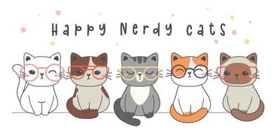 grupo de lindo feliz inteligente nerd gato con gafas, lindo animal mascota caricatura dibujo vector tarjeta de felicitación banner