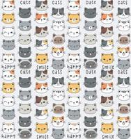 cute set of playful kitty cat face heads cartoon drawing pattern seamless for background and paper card