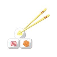 Egg, Roe, and Tuna Sushi Roll with Chopstick Flat Illustration. Clean Icon Design Element on Isolated White Background vector