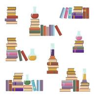 Set of books chaotically stacked in heaps with flasks and beakers. Flat style isolated on white vector illustration.