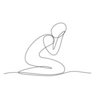 Abstract line art vector illustration of a person feeling sad, tired and worried or suffering from depression. Continuous line, minimalism. Isolated on white.