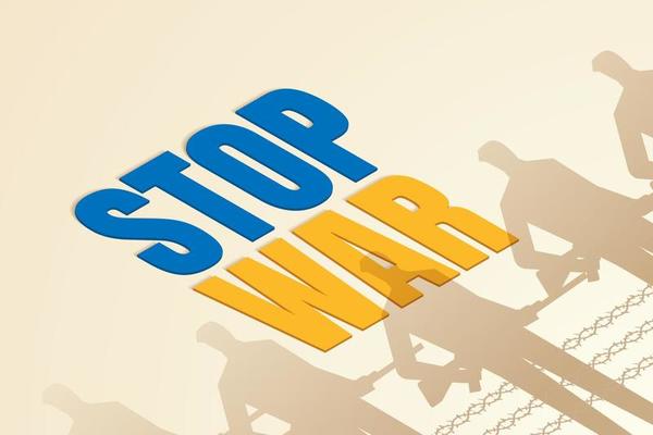 Stop War message, colors of Ukrainian flag and the shadows of soldiers.