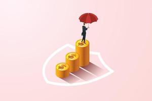 Business man holding a red umbrella protecting on a pile of coins vector