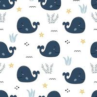 Nursery seamless pattern whale in the sea hand drawn design in cartoon style Use for textiles, prints, wallpapers, vector illustration