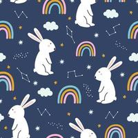 nursery seamless pattern rabbit with the sky and rainbow on blue background for print, wallpaper, textile, vector illustration