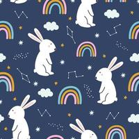 nursery seamless pattern rabbit with the sky and rainbow on blue background for print, wallpaper, textile, vector illustration