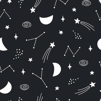 Nursery seamless pattern space background with planet on black background Use for print, wallpaper, decoration, textiles. Vector illustration