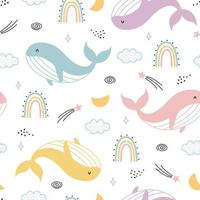 ballena de patrones sin fisuras de vivero con cielo dibujado a mano en estilo de dibujos animados para textiles, estampados, papeles pintados, ilustración vectorial vector