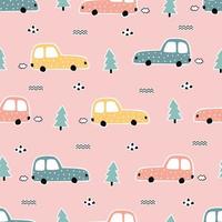 Nursery seamless pattern vintage car with trees on pink background used for prints, wallpapers, textiles Vector Illustration