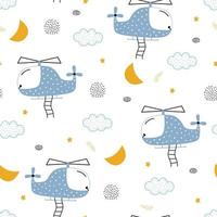 Nursery seamless pattern helicopter floating in the sky Use for prints, wallpaper, textiles, vector illustration