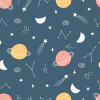 Nursery seamless pattern space background with planet on navy blue background Use for print, wallpaper, decoration, textiles. Vector illustration