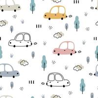 fondo de dibujos animados de vehículos de patrones sin fisuras de bebé con coches y árboles utilizados para impresión, decoración, telas, textiles vector