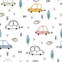 fondo de dibujos animados de vehículos de patrones sin fisuras de bebé con coches y árboles utilizados para impresión, decoración, telas, textiles vector