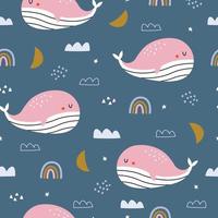 ballena de patrones sin fisuras de vivero con cielo dibujado a mano en estilo de dibujos animados para textiles, estampados, papel tapiz vector