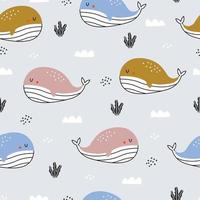 Nursery seamless pattern whale in the sea hand drawn design in cartoon style Use for textiles, prints, wallpaper vector