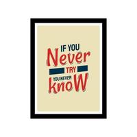 A colorful typography quotes. If you never try, you never know.  Vector inspirational design. Calligraphy motivational good quotes in a frame.