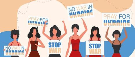 A group of women are holding placards. Pray for Ukraine. Stop war. Vector. Cartoon style. vector