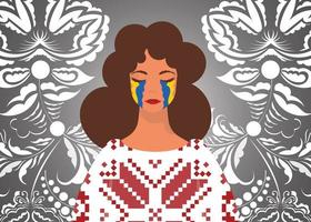 A woman is crying in a stream. Pray for Ukraine. Stop war. Flat style. vector