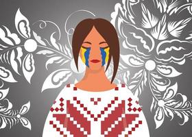 A woman is crying in a stream. Pray for Ukraine. Stop war. Cartoon style. vector