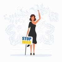 A girl in full growth holds a poster with the inscription Stop the war. Cartoon style.Vector illustration. vector