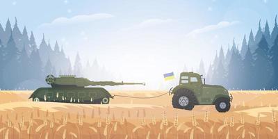 A Ukrainian farmer stole a Russian tank with a tractor. A tractor pulls a military tank across the field. Cartoon style. Vector illustration.