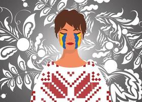 Woman crying with the color of the flag of Ukraine. Pray for Ukraine. Stop war. Vector illustration.