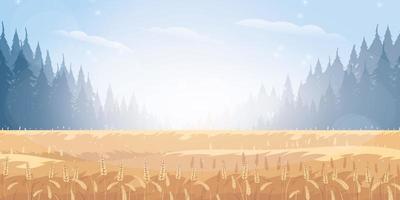 Rural landscape with wheat field and the blue sky on background. Vector illustration.