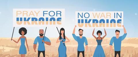 A group of people are holding posters supporting Ukraine. Cartoon style. vector