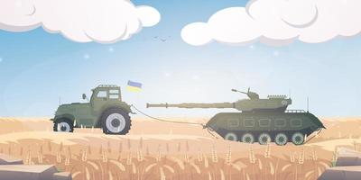 A Ukrainian farmer stole a Russian tank with a tractor. A tractor pulls a military tank across the field. Cartoon style. Vector illustration.