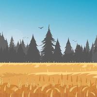 Rural landscape with wheat field and the blue sky on background. Vector illustration.