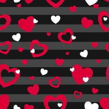 seamless vector pattern. On a black background, a soft black line with a red heart