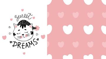 Cat collection. Card with cute sleeping cat and seamless pattern with hearts on pink background. Vector illustration for design, decoration and print