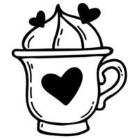 Cup With hearts and creamy dessert. Vector illustration. Linear hand drawing doodle