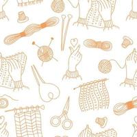 Seamless pattern. Knitting, threads and scissors, heart hand gesture and knitting hands with knitting needles on light yellow background. Vector illustration. Linear hand drawings in doodle style