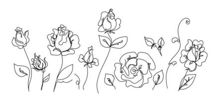 Rose continuous line set, outline sketch style vector abstract art.