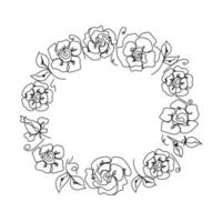 Rose continuous line wreath, outline sketch style vector abstract art.