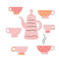 Ceramic teapot and pair of cups or mugs in hygge style isolated. Cute Tea ware set. vector