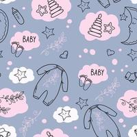 Hand drawn seamless pattern of baby shower elements, branch, milk bottle, toy, stars, month, clouds. Doodle sketch style. Baby element vector illustration for wallpaper, background, textile design