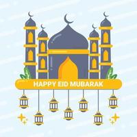 Happy Eid Mubarak greeting Concept with mosque, moon and lanterns illustration vector