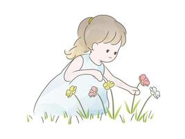 Watercolor Cute Girl Picking Wild Flowers. Vector Illustration  Isolated On A White Background.