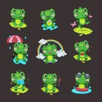 Cute green Frog. A set of frogs in different situations. Isolated vector illustration in a flat style