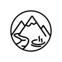 Geyser mountains and a river in a round logo. The concept of Kamchatka.  Vector illustration isolated on a white background